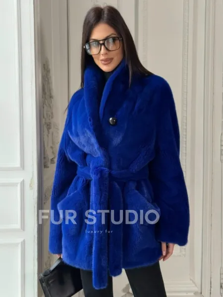 Полушубок из меха премиальной плюшевой норки Electric Blue - фото 0