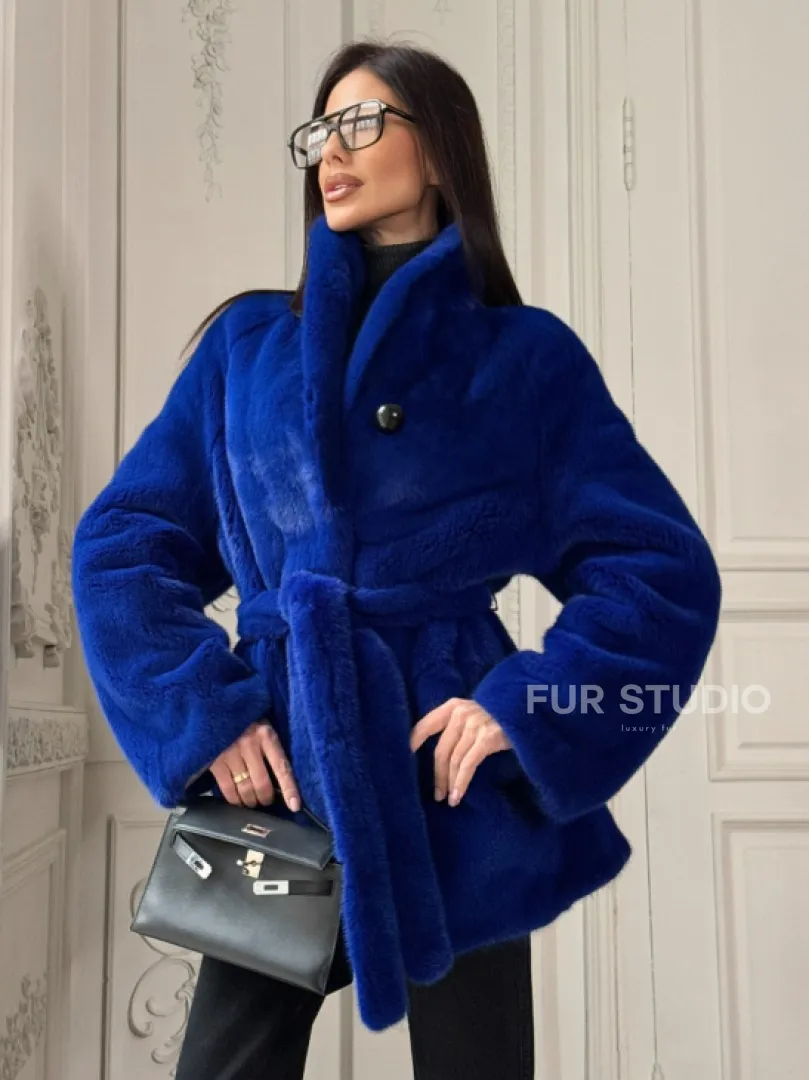 Полушубок из меха премиальной плюшевой норки Electric Blue - фото 6