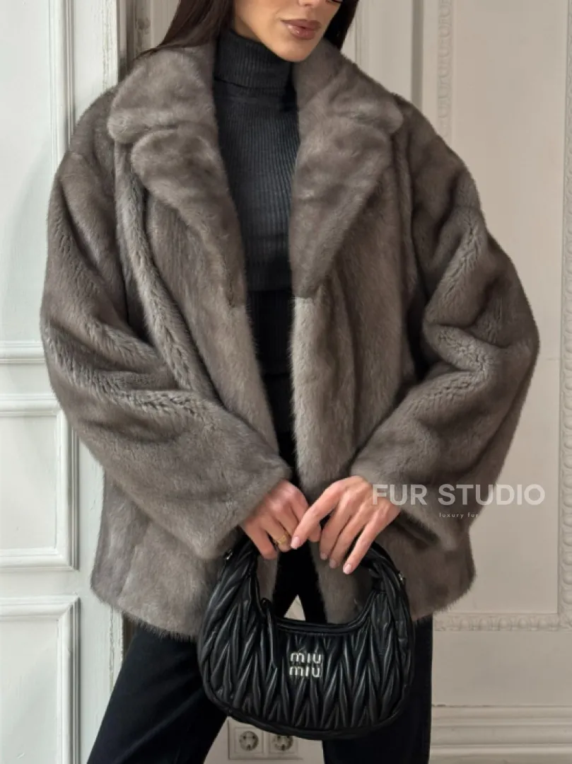 Норковый жакет классического кроя с прорезными карманами клапанами - фото 2