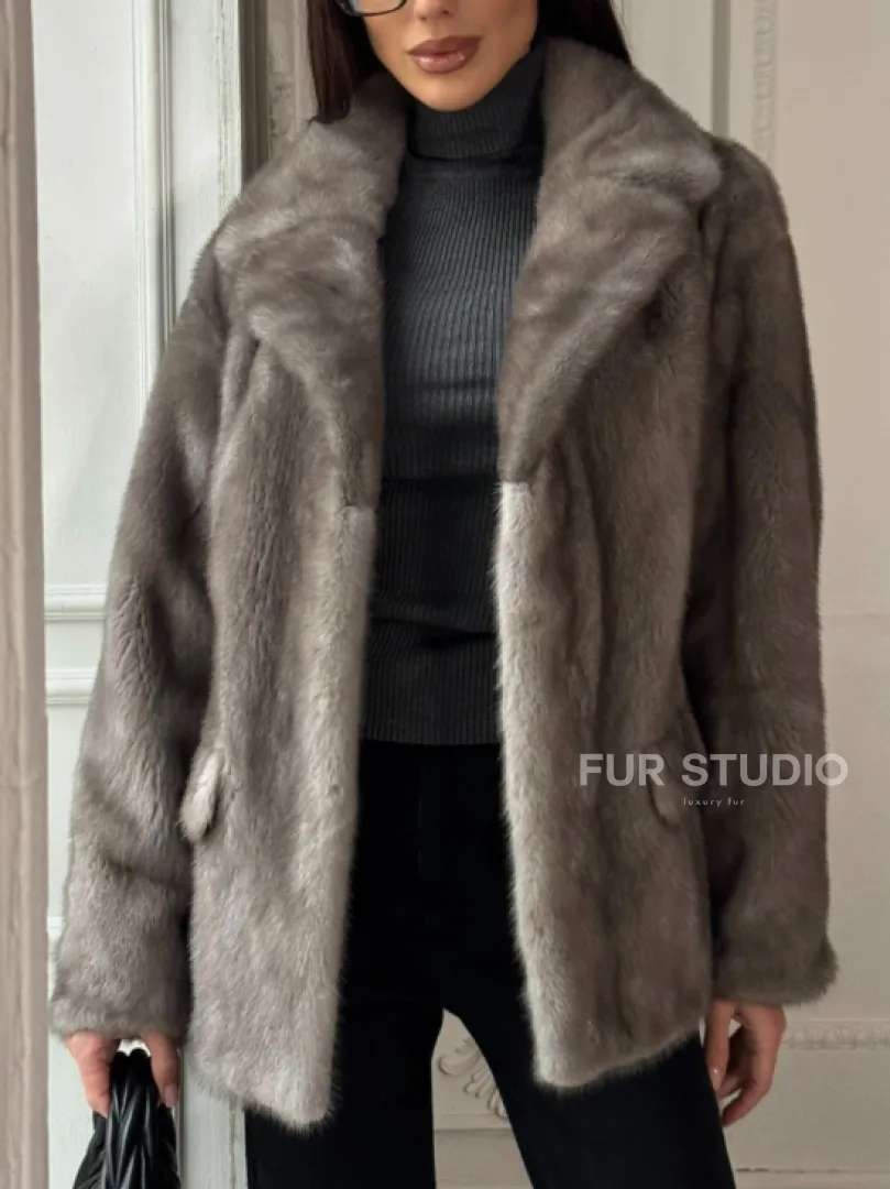 Норковый жакет классического кроя с прорезными карманами клапанами - фото 1