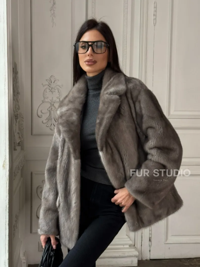 Норковый жакет классического кроя с прорезными карманами клапанами - фото 10