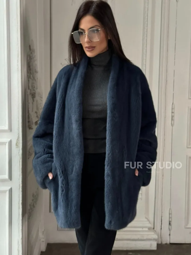 Женский меховой жакет из скандинавской норки с V-образным воротником - фото 3