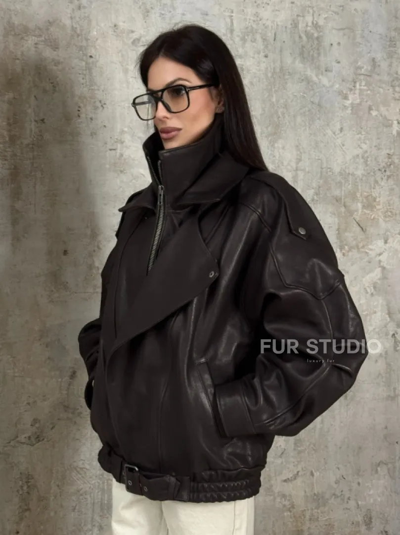 Модная кожаная куртка - бомбер на резинке из натуральной гладкой кожи - фото 0