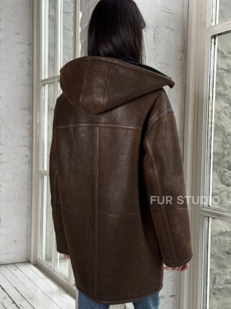 Двухсторонняя дублёнка из овчины с отстегивающимся капюшоном - фото 4