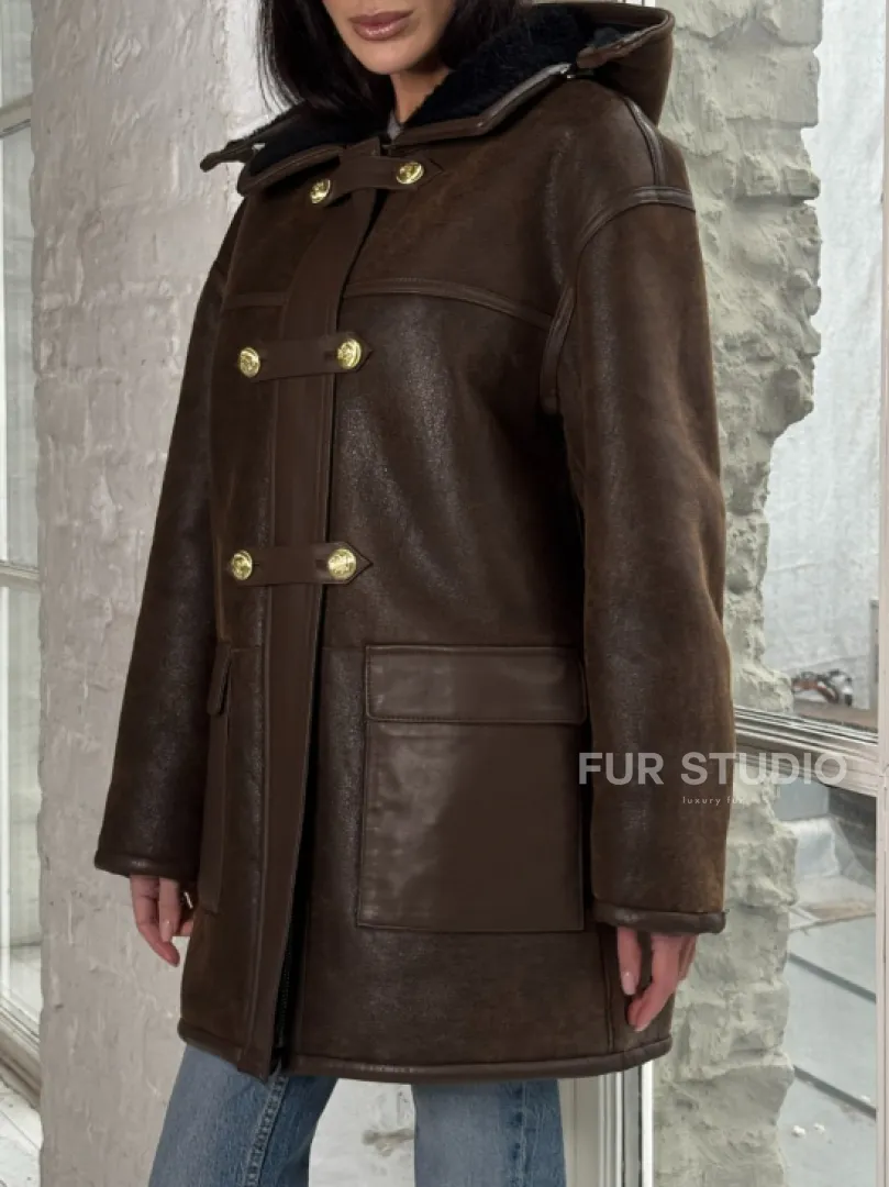 Двухсторонняя дублёнка из овчины с отстегивающимся капюшоном - фото 1