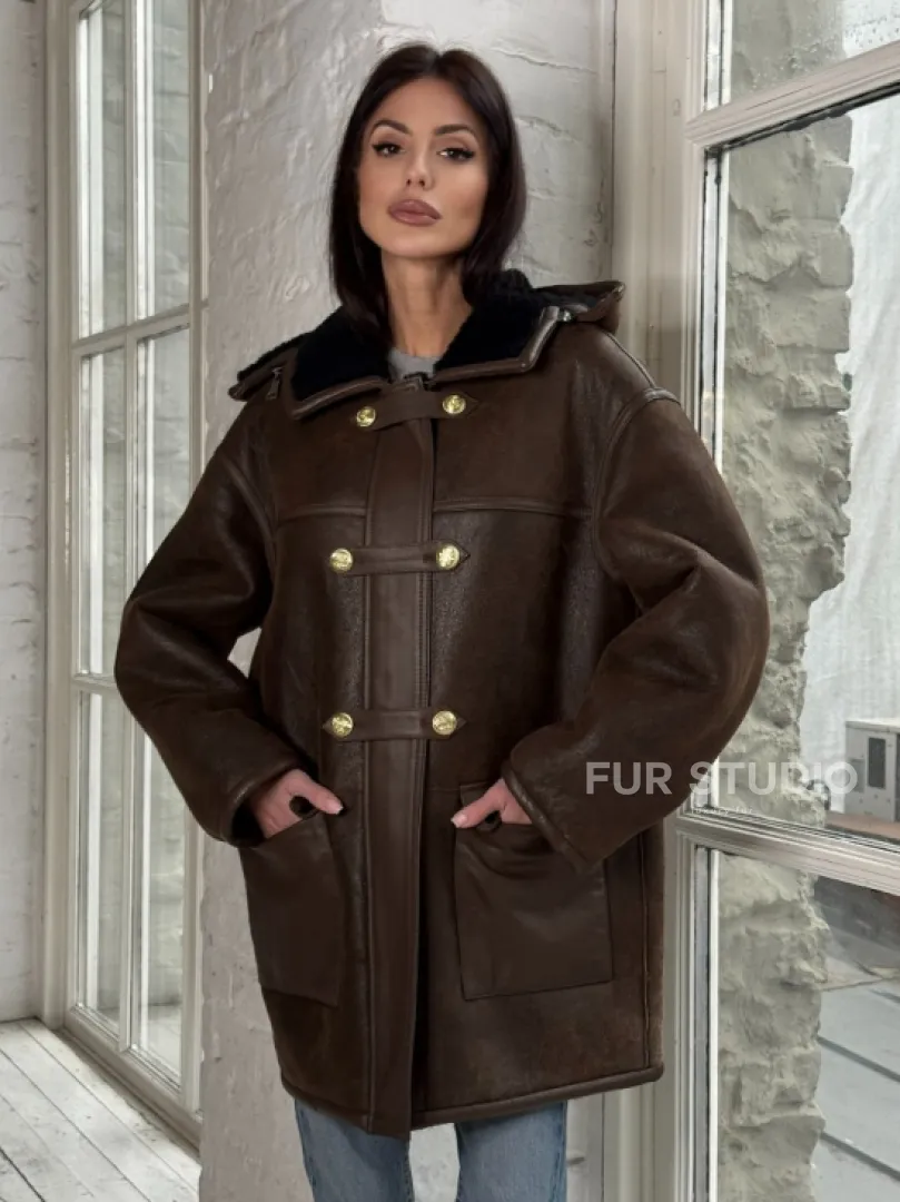 Двухсторонняя дублёнка из овчины с отстегивающимся капюшоном - фото 0