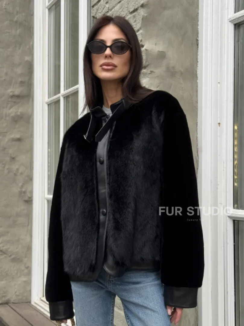 Куртка из мутона с мехом норки - черная - фото 0
