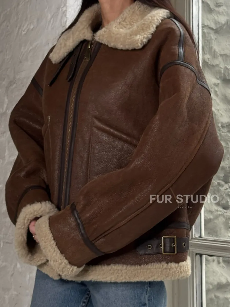 Женская короткая дубленка Brown vintage из натуральной овчины кёрли - фото 1