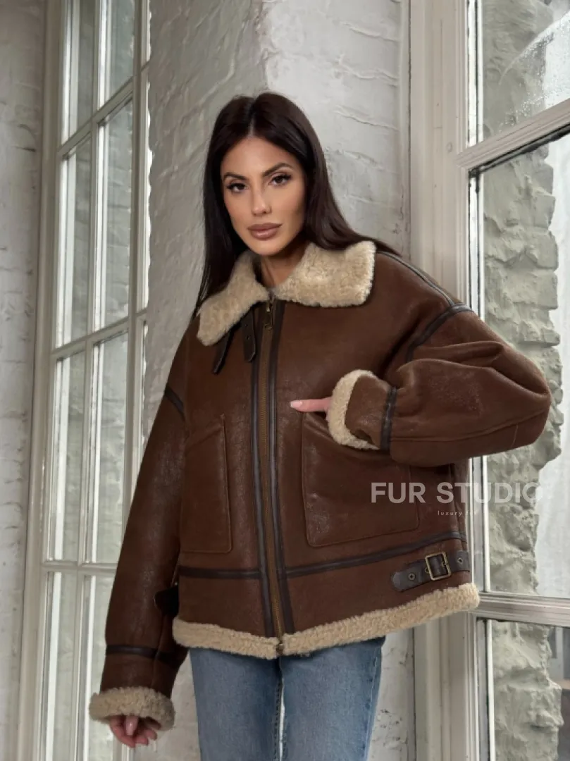 Женская короткая дубленка Brown vintage из натуральной овчины кёрли