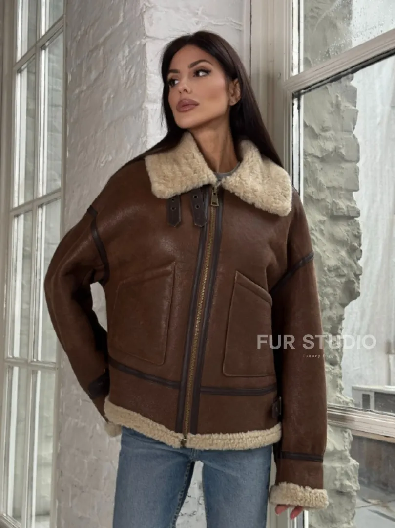 Женская короткая дубленка Brown vintage из натуральной овчины кёрли