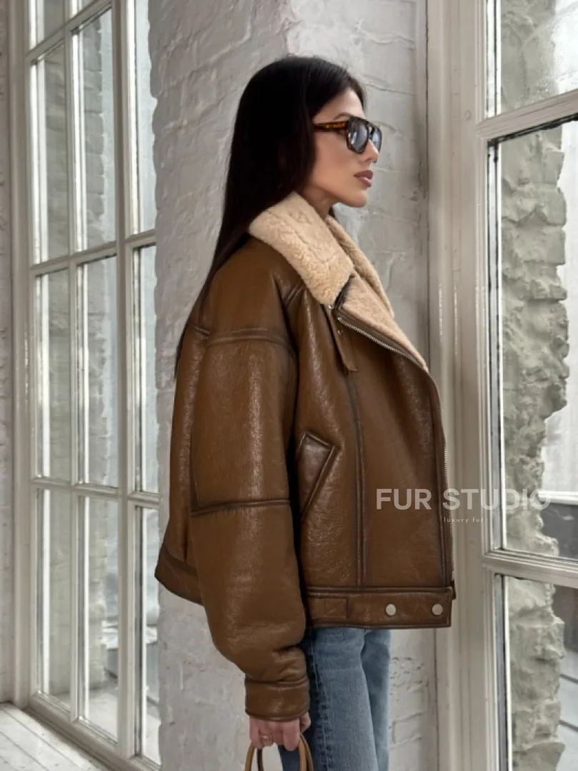 Дубленка женская «Oversize style» со спущенным плечом - цвет виски