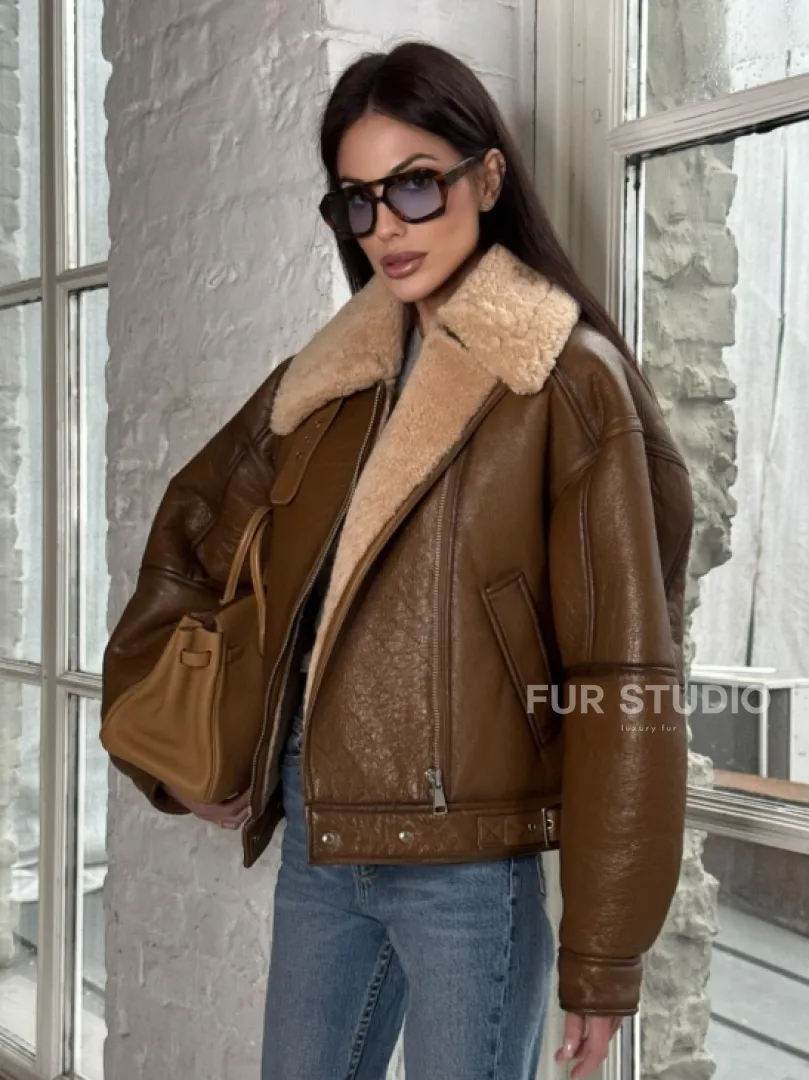 Дубленка женская «Oversize style» со спущенным плечом - цвет виски