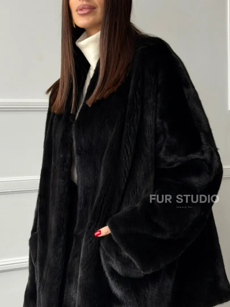 Жакет - шуба из норки BLACK с V-образным воротником, косыми карманами