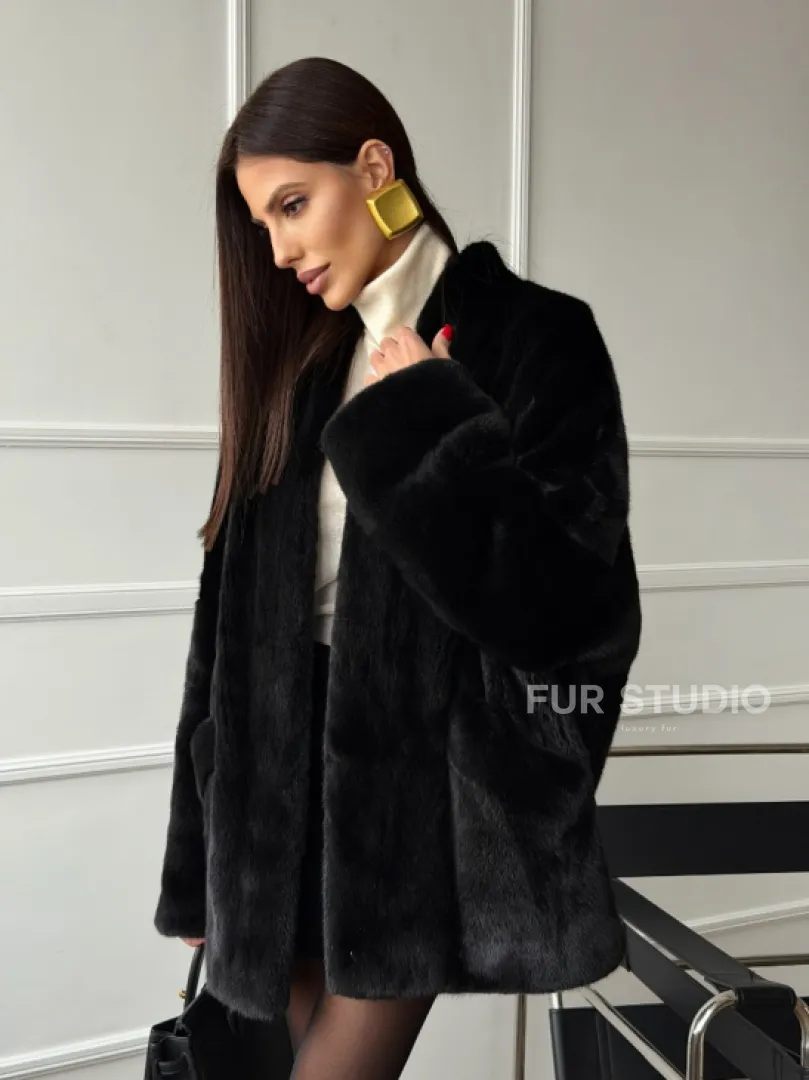 Жакет - шуба из норки BLACK с V-образным воротником, косыми карманами