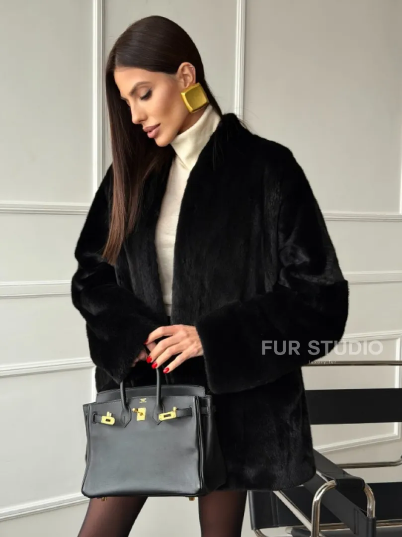 Жакет - шуба из норки BLACK с V-образным воротником, косыми карманами - фото 12