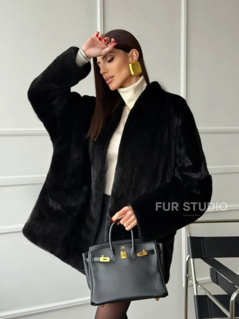 Жакет - шуба из норки BLACK с V-образным воротником, косыми карманами - фото 20