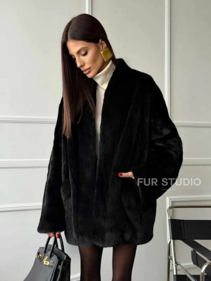 Жакет - шуба из норки BLACK с V-образным воротником, косыми карманами - фото 15