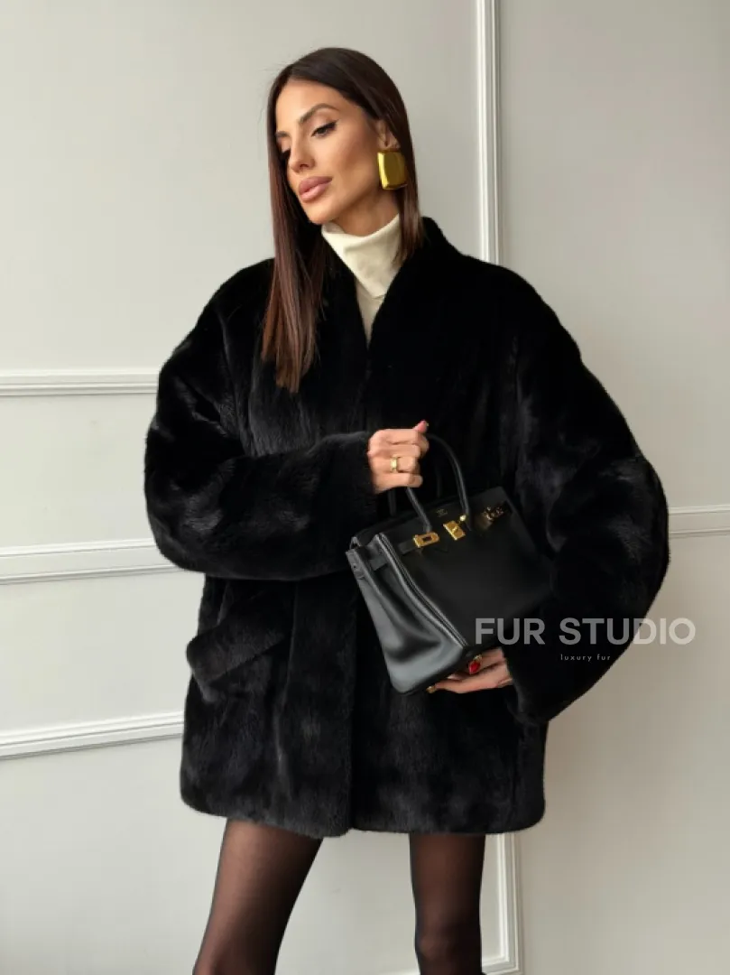 Жакет - шуба из норки BLACK с V-образным воротником, косыми карманами