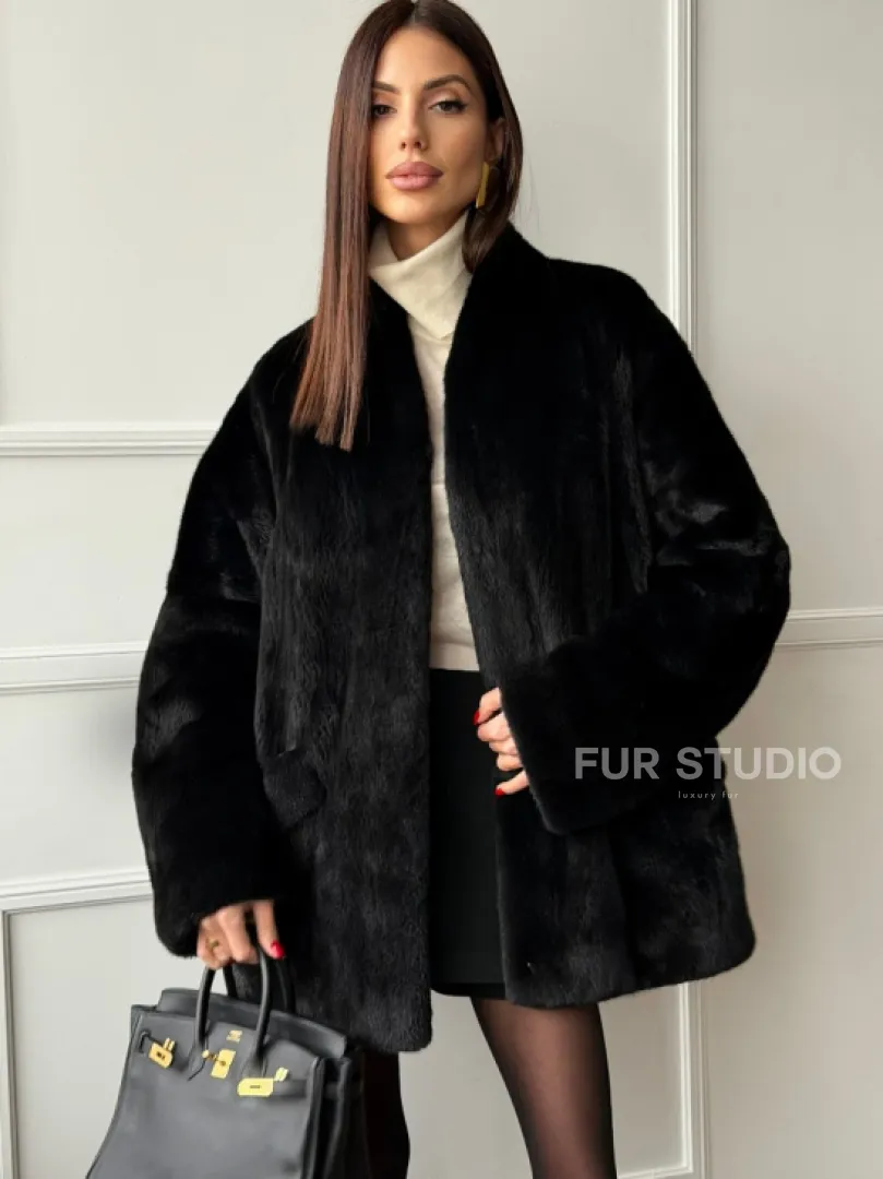Жакет - шуба из норки BLACK с V-образным воротником, косыми карманами - фото 6