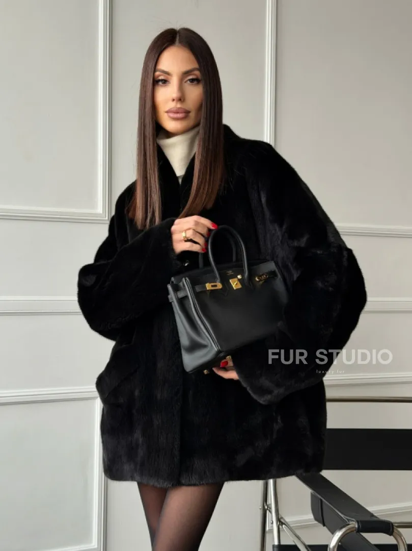 Жакет - шуба из норки BLACK с V-образным воротником, косыми карманами - фото 18