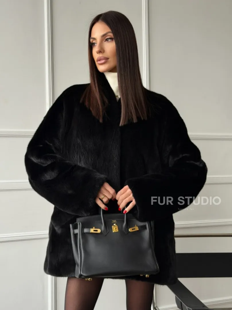 Жакет - шуба из норки BLACK с V-образным воротником, косыми карманами - фото 14