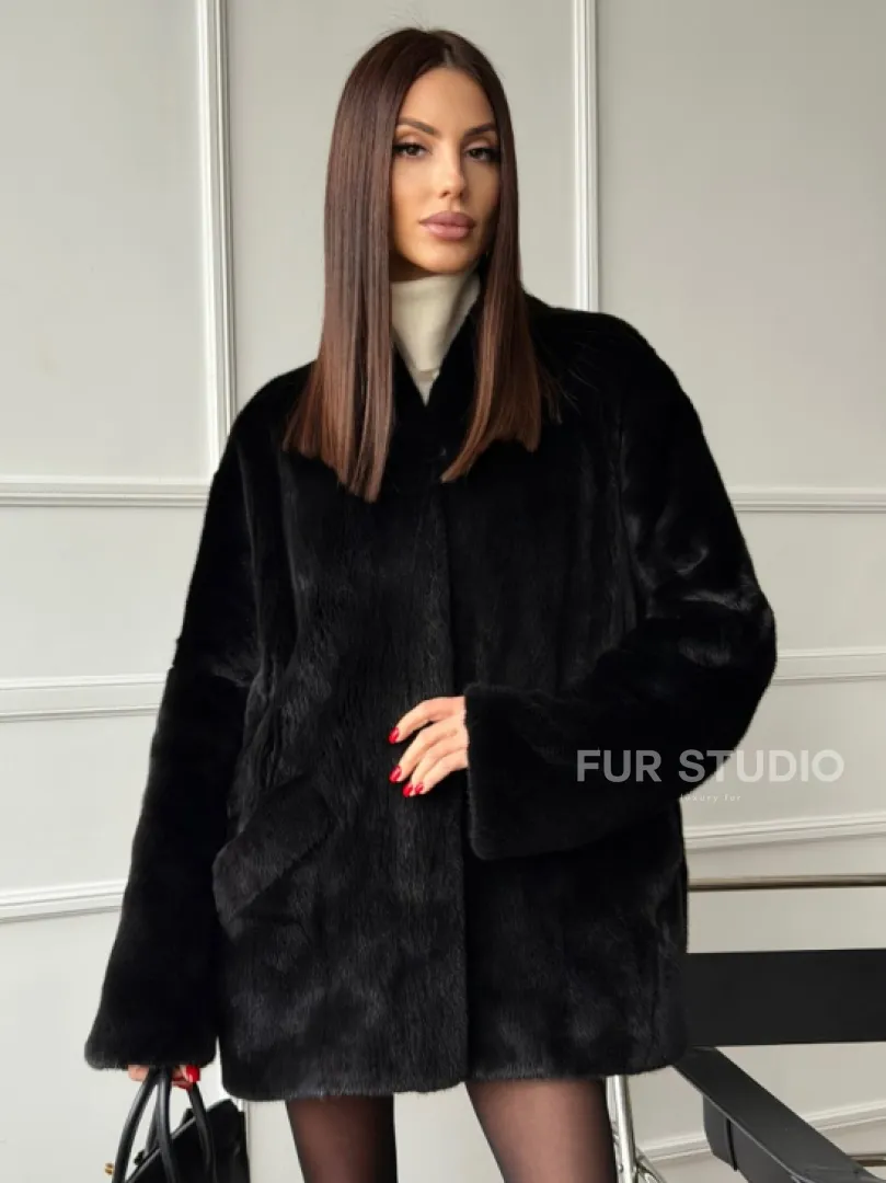 Жакет - шуба из норки BLACK с V-образным воротником, косыми карманами - фото 11