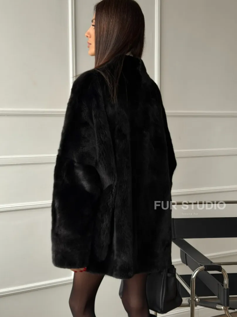 Жакет - шуба из норки BLACK с V-образным воротником, косыми карманами