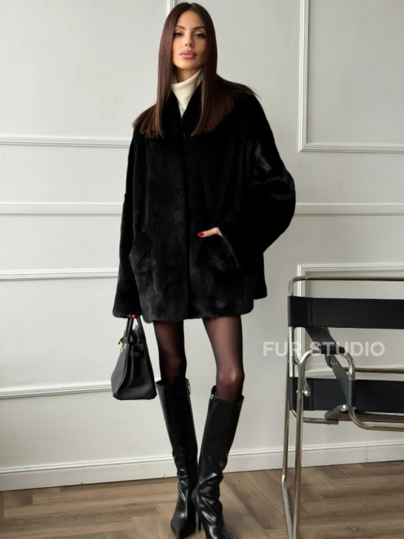 Жакет - шуба из норки BLACK с V-образным воротником, косыми карманами