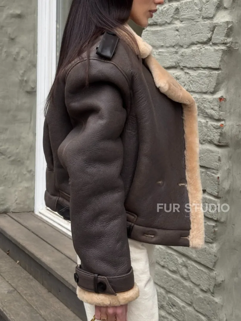 Кроп - дубленка двубортная Dark brown на пуговицах