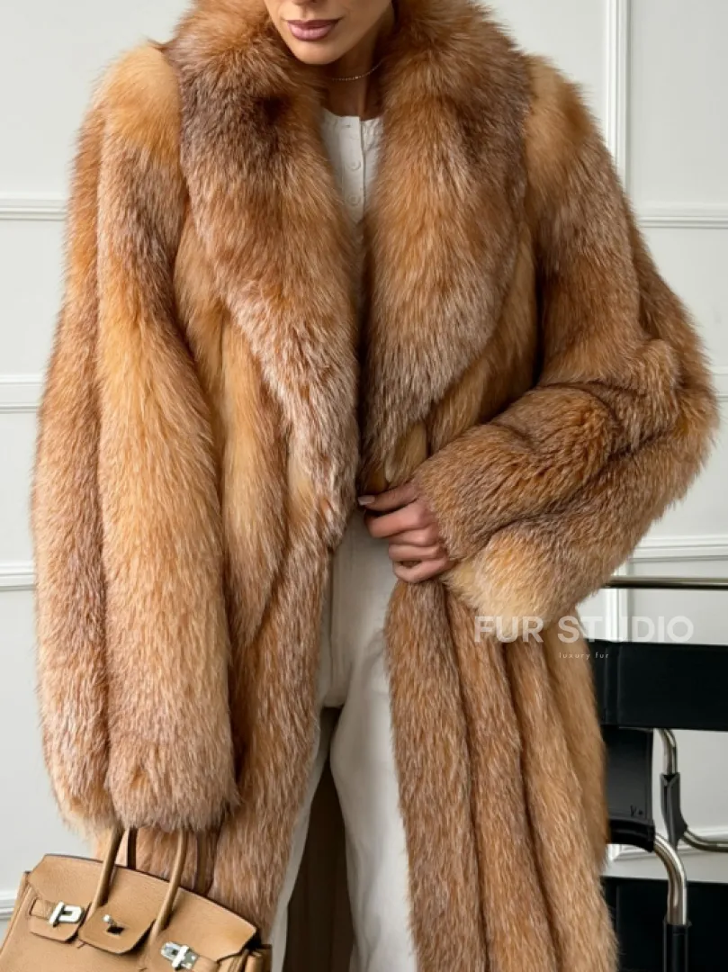Длинная шуба из меха лисы Vintage gold с шалевым воротником - фото 1