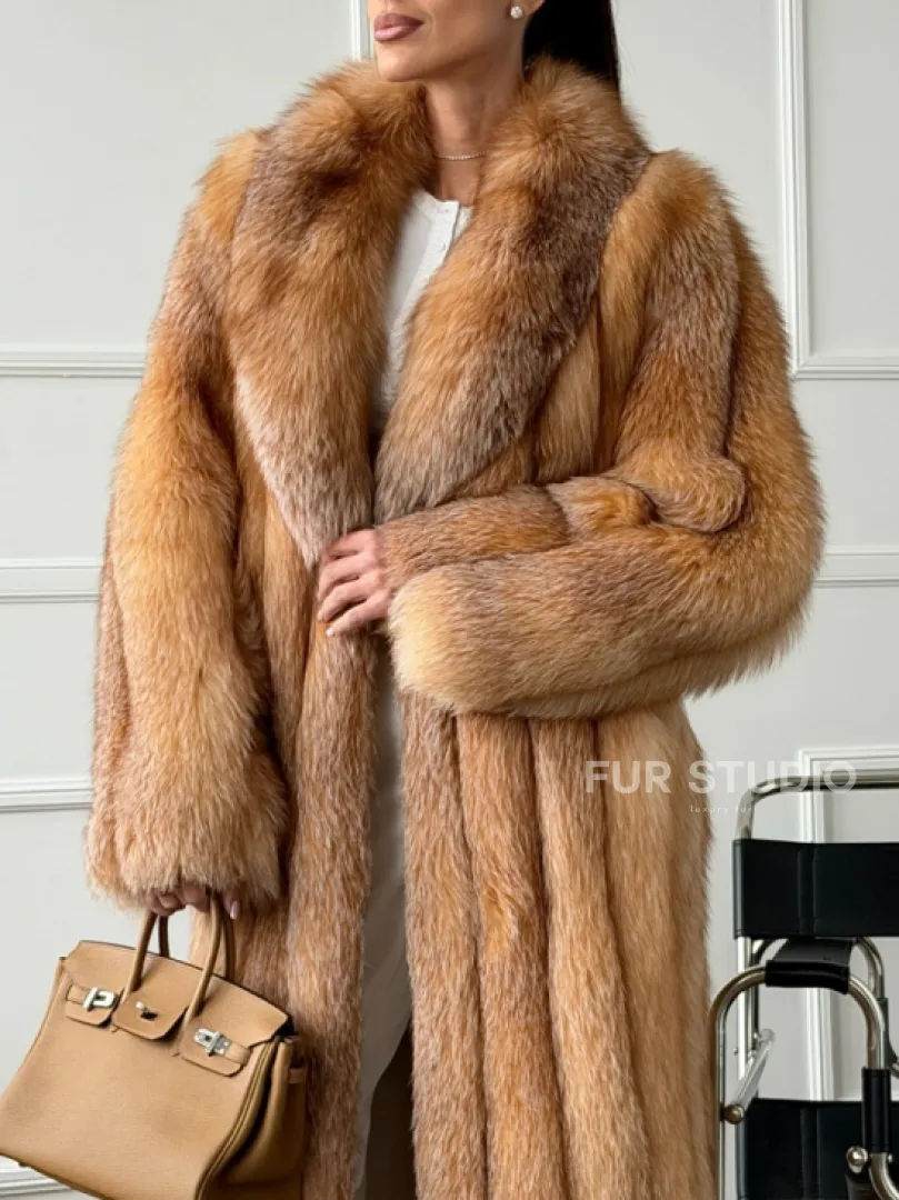 Длинная шуба из меха лисы Vintage gold с шалевым воротником
