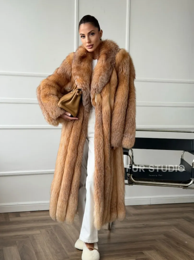 Длинная шуба из меха лисы Vintage gold с шалевым воротником - фото 10