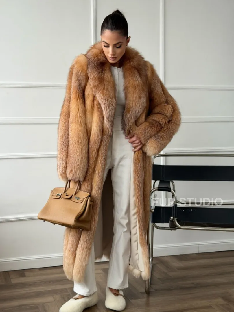 Длинная шуба из меха лисы Vintage gold с шалевым воротником