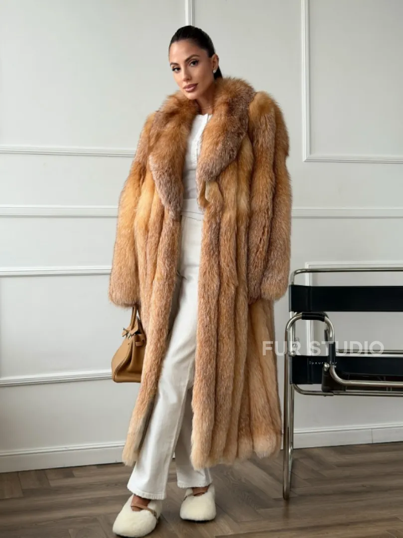 Длинная шуба из меха лисы Vintage gold с шалевым воротником - фото 9