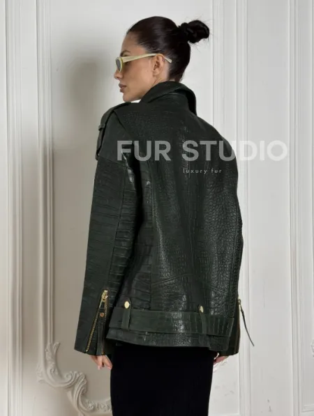Куртка - косуха из натуральной кожи «CROCO» Dark green - фото 2