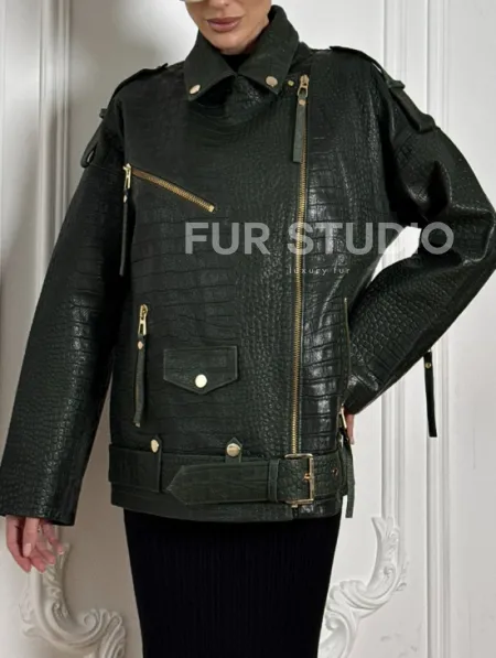 Куртка - косуха из натуральной кожи «CROCO» Dark green - фото 1
