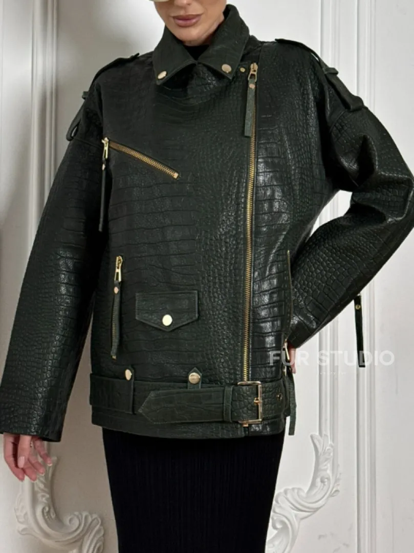 Куртка - косуха из натуральной кожи «CROCO» Dark green