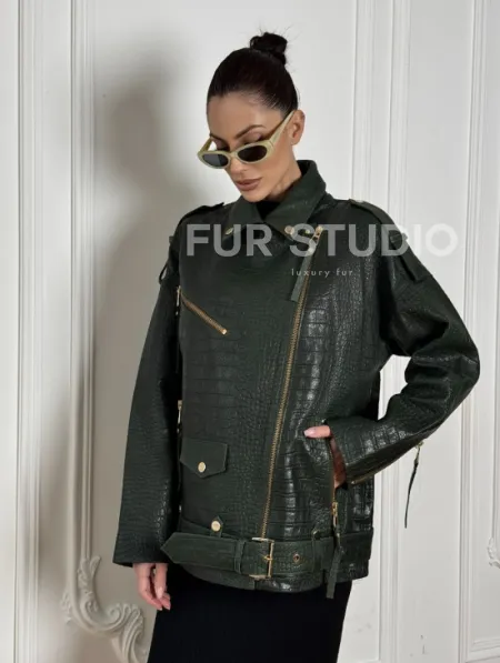 Куртка - косуха из натуральной кожи «CROCO» Dark green - фото 5