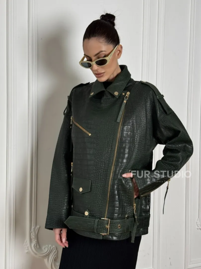 Куртка - косуха из натуральной кожи «CROCO» Dark green