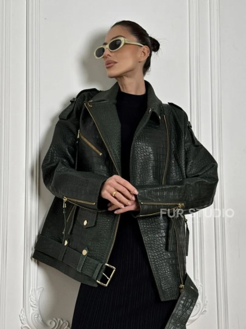 Куртка - косуха из натуральной кожи «CROCO» Dark green