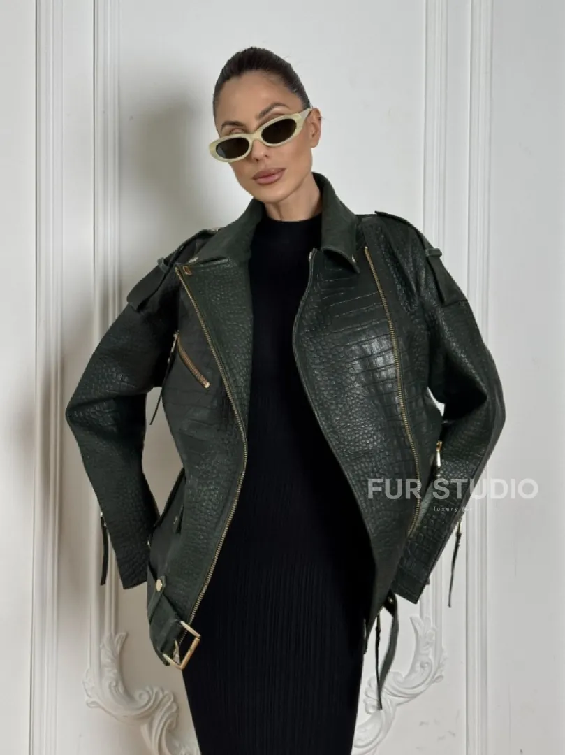 Куртка - косуха из натуральной кожи «CROCO» Dark green