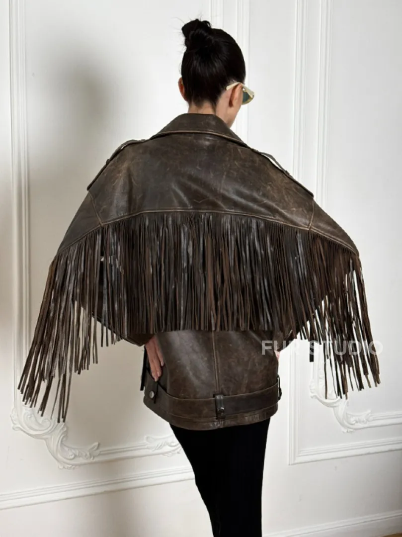 Косуха Vintage brown с кожаной бахромой на спине - фото 2
