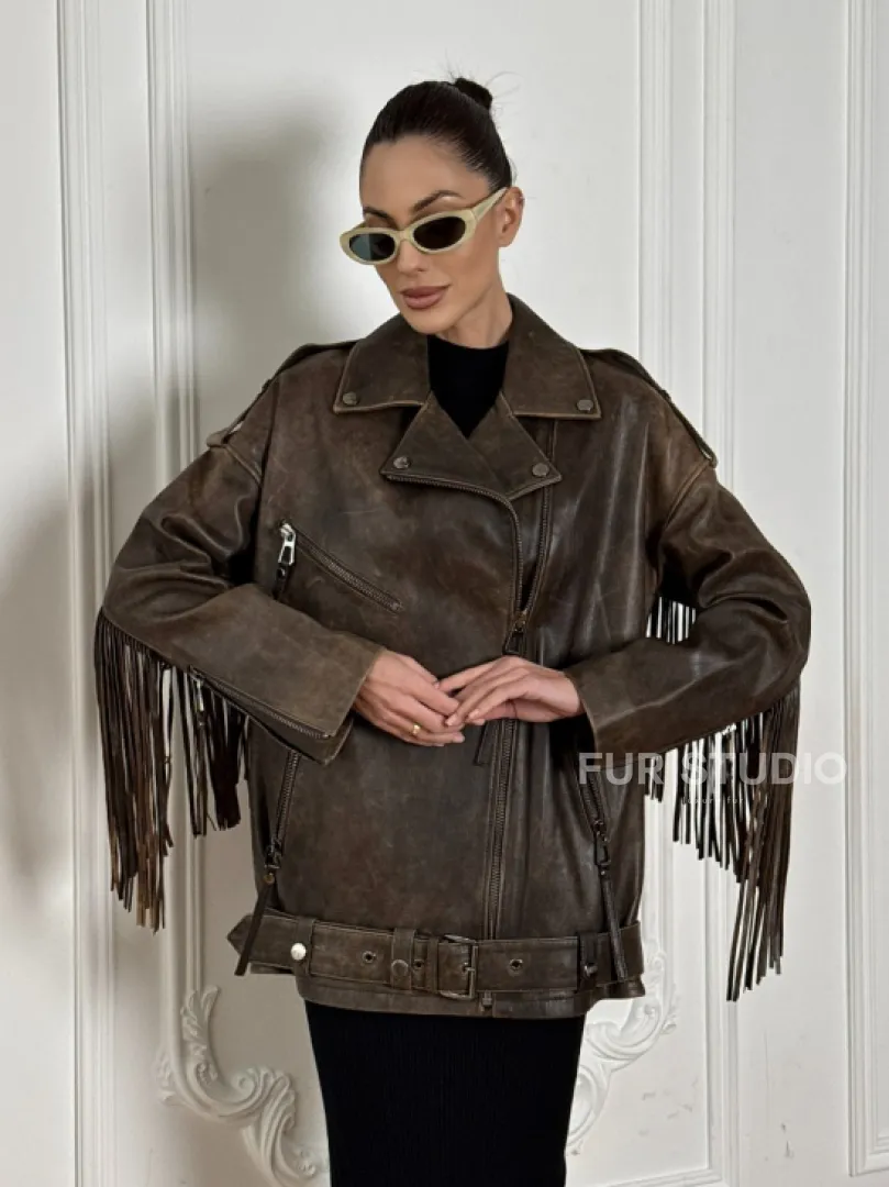 Косуха Vintage brown с кожаной бахромой на спине - фото 6