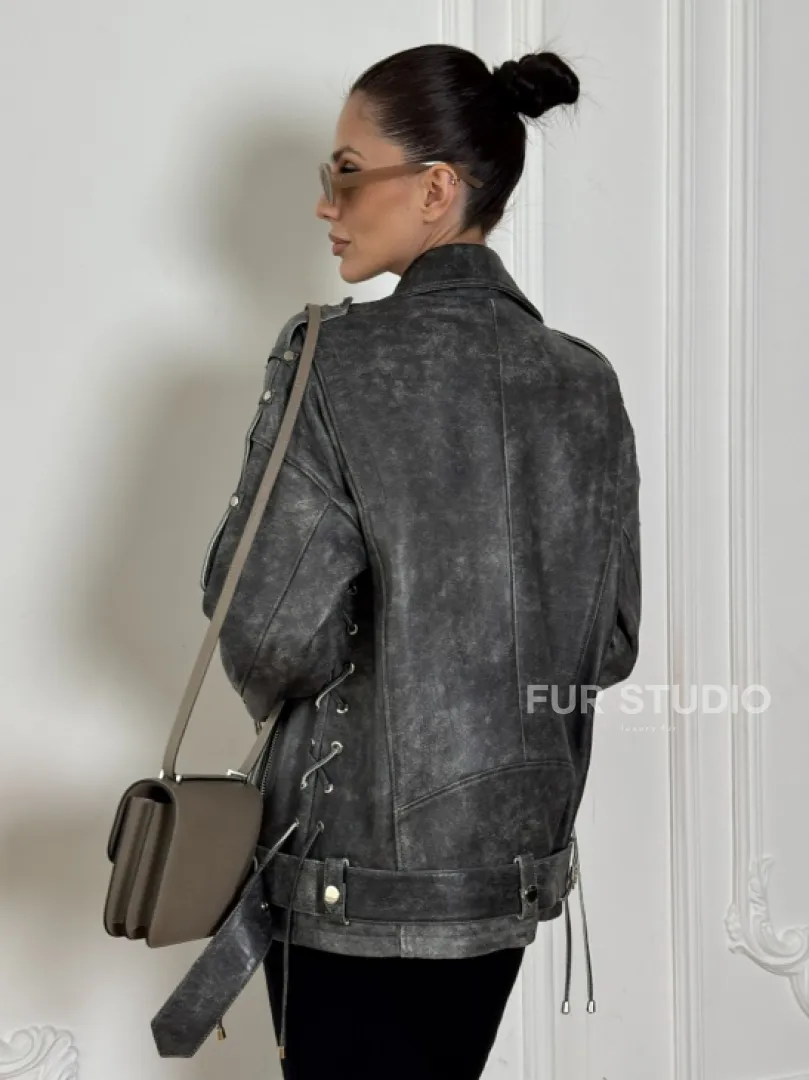 Косуха женская из натуральной кожи Vintage со шнуровкой - цвет серый - фото 5
