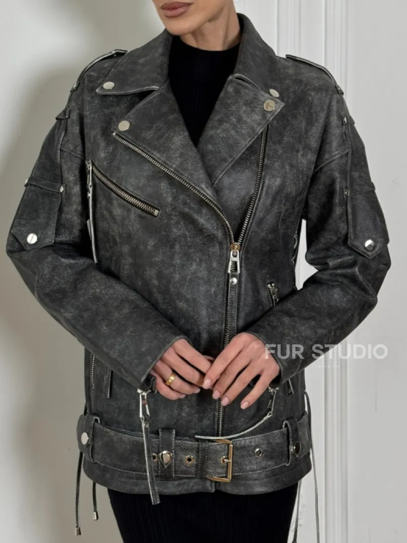 Косуха женская из натуральной кожи Vintage со шнуровкой - цвет серый - фото 2