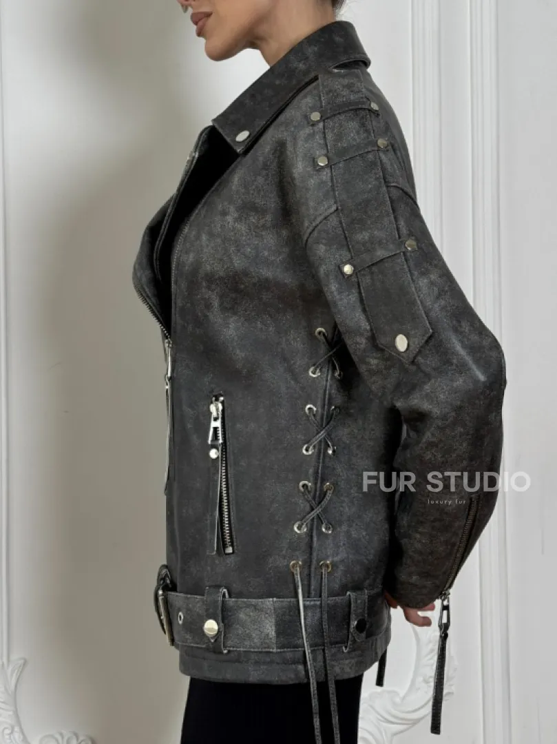 Косуха женская из натуральной кожи Vintage со шнуровкой - цвет серый - фото 3
