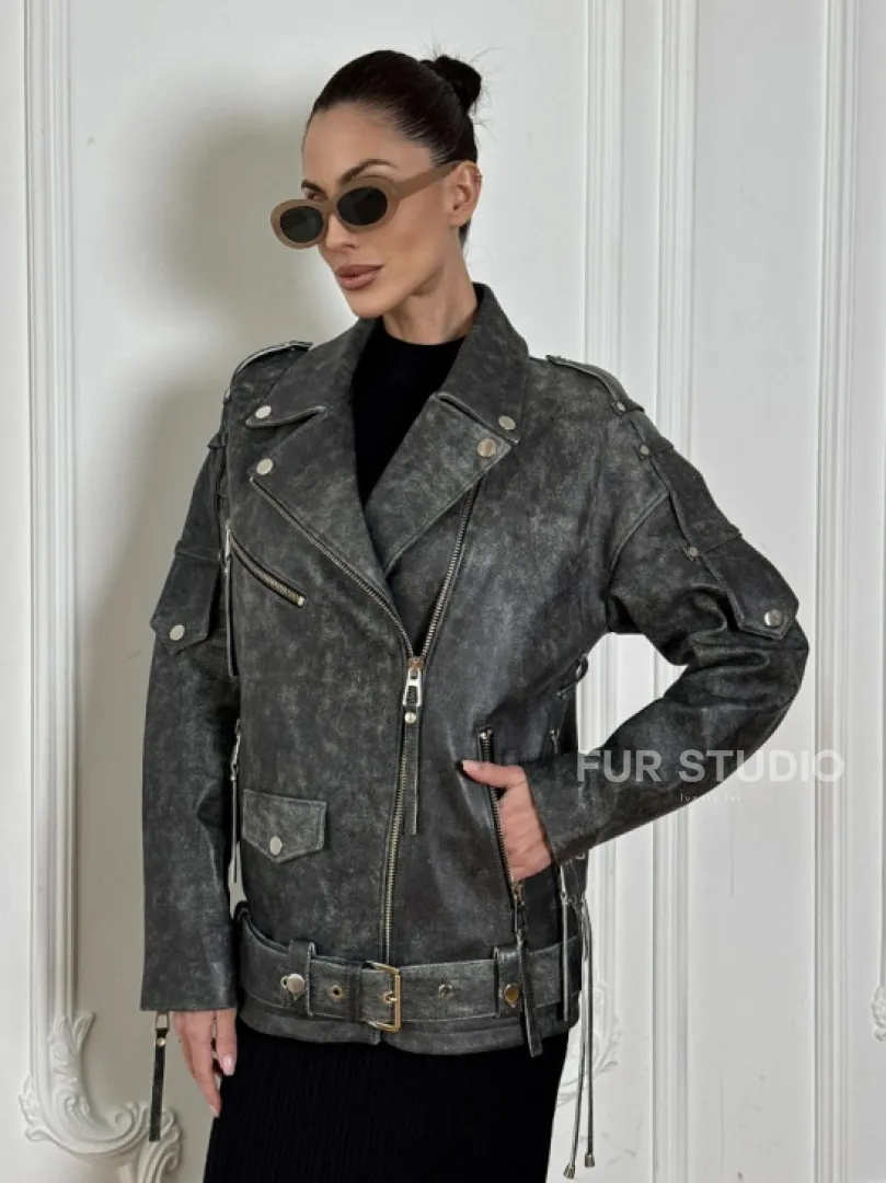 Косуха женская из натуральной кожи Vintage со шнуровкой - цвет серый - фото 6