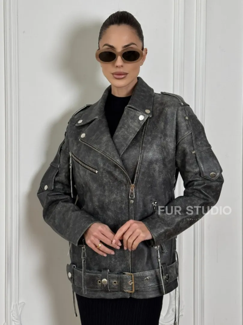 Косуха женская из натуральной кожи Vintage со шнуровкой - цвет серый - фото 0