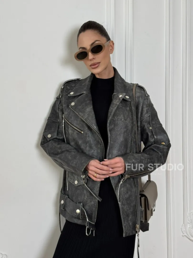 Косуха женская из натуральной кожи Vintage со шнуровкой - цвет серый - фото 10