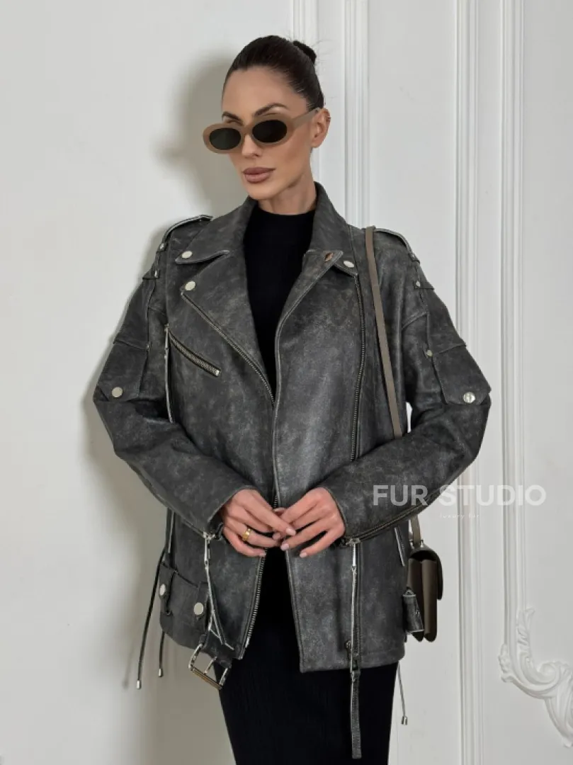 Косуха женская из натуральной кожи Vintage со шнуровкой - цвет серый - фото 8